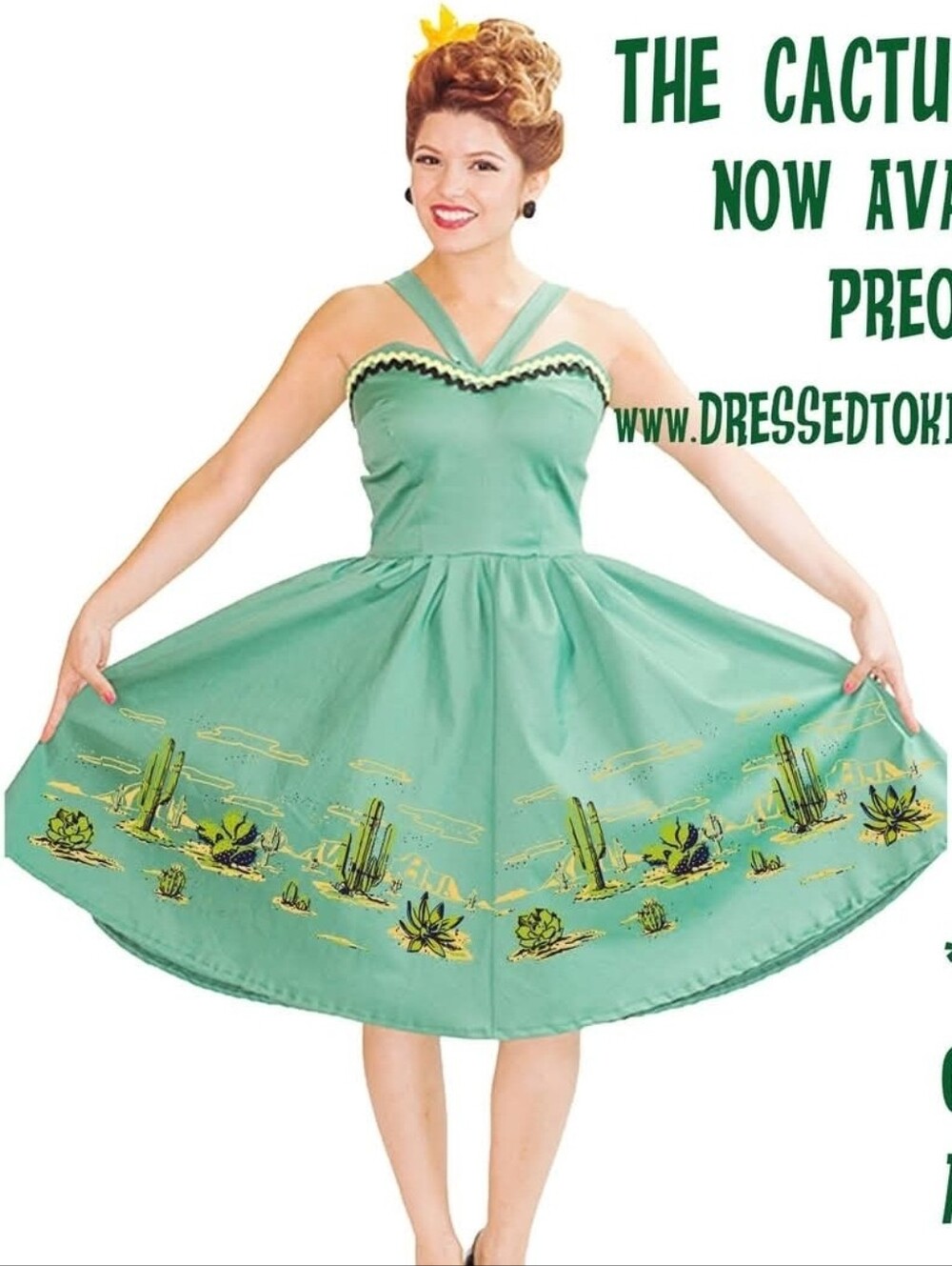 RARE Dressed to Kill Green Cactus Print Fit & Flare Dress Ric Rac Retro Pinup